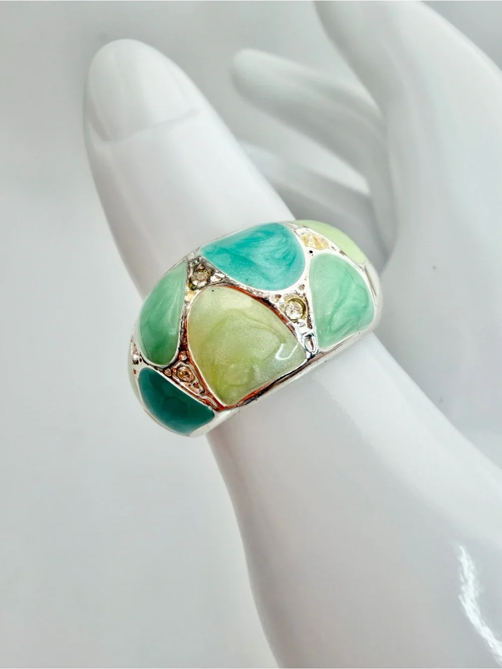 Silver Tone Green Mosaic Enamel Dome Ring